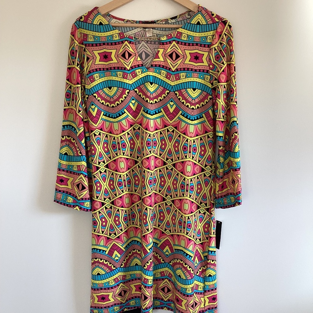 HAANI Yellow Turquoise Medallion Mosaic Boho Shift Dress L Chain Keyhole Neck